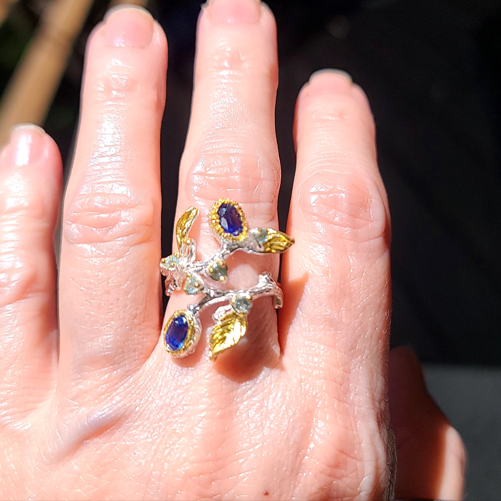 Sapphire & Blue Topaz Sterling & Gold Floral Vine Finger Cuff Sz7.5